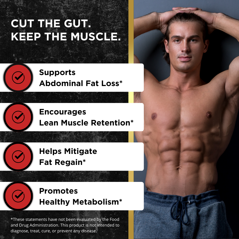 Shirtless fit man with hands behind head beside bold text stating benefits of a fat loss supplement, including abdominal fat loss, muscle retention, fat regain mitigation, and healthy metabolism support.