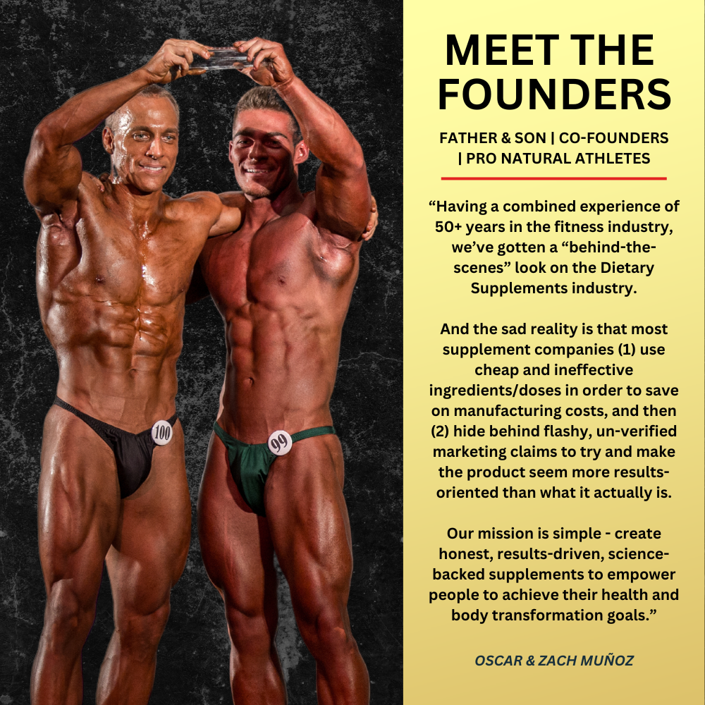 Father and son bodybuilders posing on stage with story about founding UNALTERED and their supplement mission.