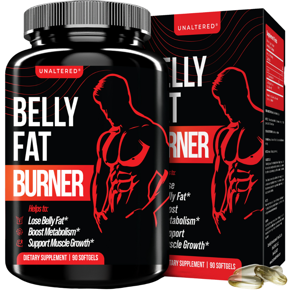 UNALTERED Belly Fat Burner supplement bottle and box. The packaging features a red and black design with the silhouette of a muscular man. Text on the label highlights benefits such as "Lose Belly Fat," "Boost Metabolism," and "Support Muscle Growth." The bottle contains 90 softgels, and two softgels are displayed in the foreground.
